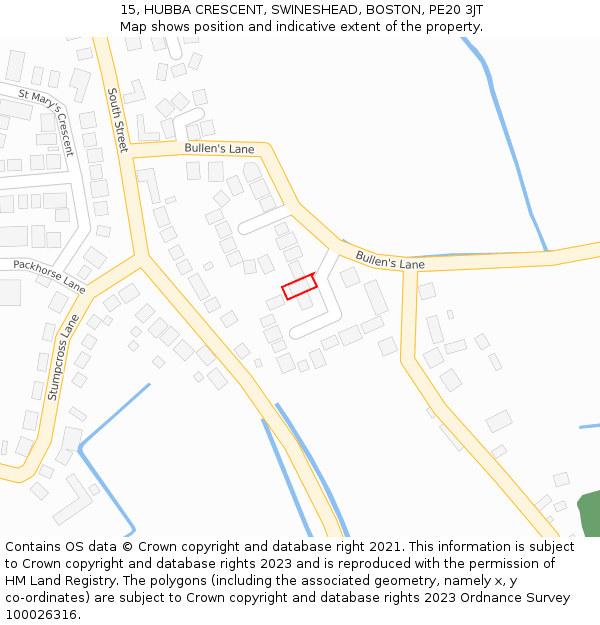 15, HUBBA CRESCENT, SWINESHEAD, BOSTON, PE20 3JT: Location map and indicative extent of plot