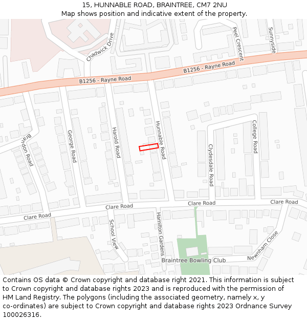 15, HUNNABLE ROAD, BRAINTREE, CM7 2NU: Location map and indicative extent of plot