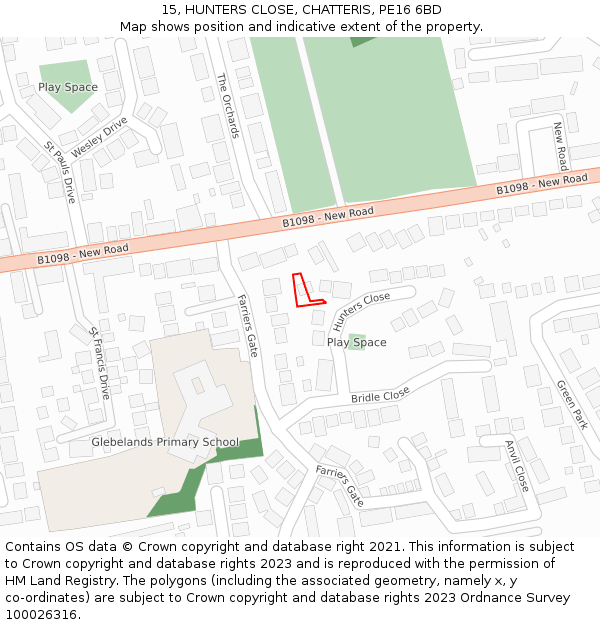 15, HUNTERS CLOSE, CHATTERIS, PE16 6BD: Location map and indicative extent of plot