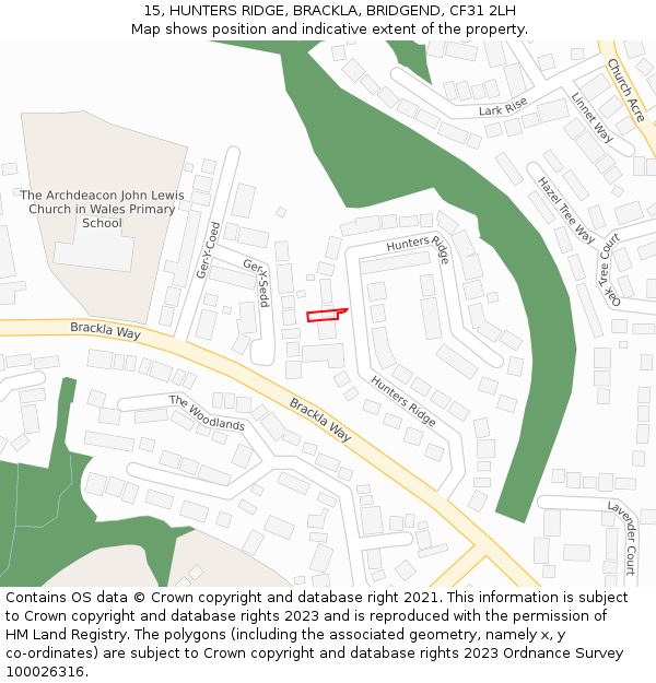 15, HUNTERS RIDGE, BRACKLA, BRIDGEND, CF31 2LH: Location map and indicative extent of plot