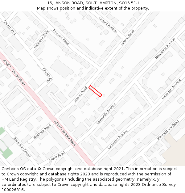 15, JANSON ROAD, SOUTHAMPTON, SO15 5FU: Location map and indicative extent of plot