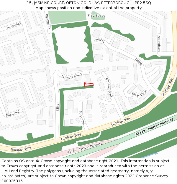 15, JASMINE COURT, ORTON GOLDHAY, PETERBOROUGH, PE2 5SQ: Location map and indicative extent of plot