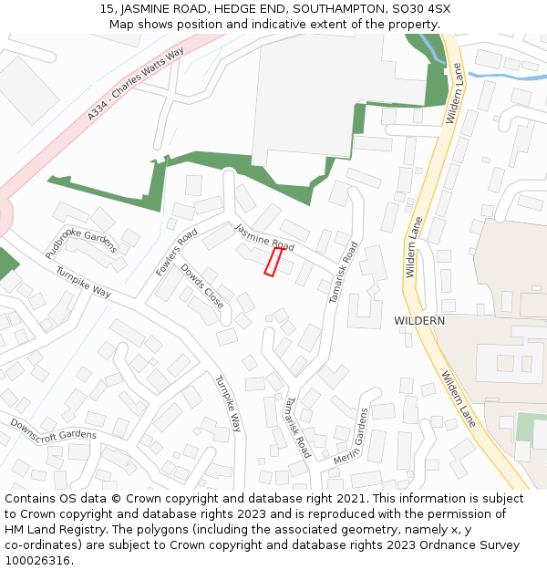 15, JASMINE ROAD, HEDGE END, SOUTHAMPTON, SO30 4SX: Location map and indicative extent of plot