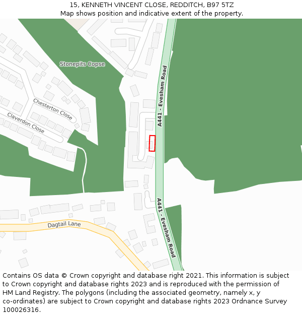 15, KENNETH VINCENT CLOSE, REDDITCH, B97 5TZ: Location map and indicative extent of plot