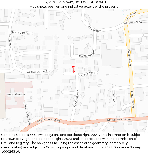 15, KESTEVEN WAY, BOURNE, PE10 9AH: Location map and indicative extent of plot