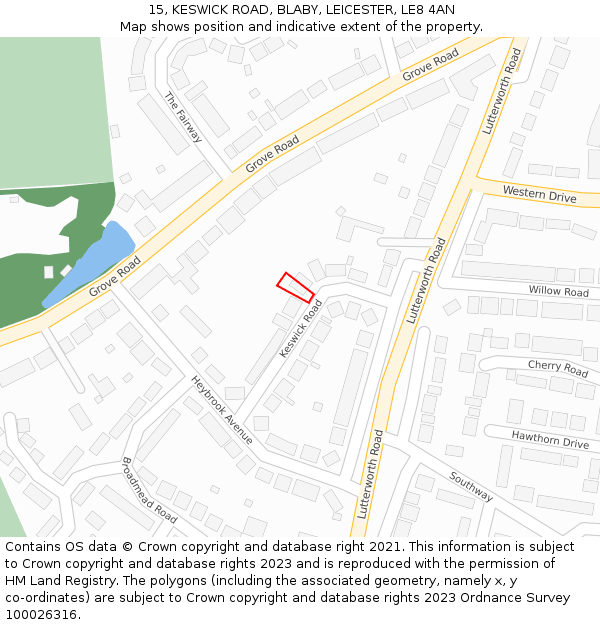 15, KESWICK ROAD, BLABY, LEICESTER, LE8 4AN: Location map and indicative extent of plot