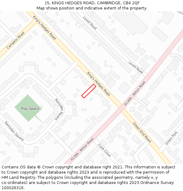 15, KINGS HEDGES ROAD, CAMBRIDGE, CB4 2QF: Location map and indicative extent of plot