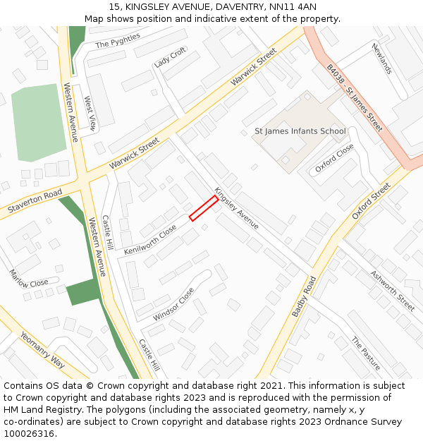 15, KINGSLEY AVENUE, DAVENTRY, NN11 4AN: Location map and indicative extent of plot