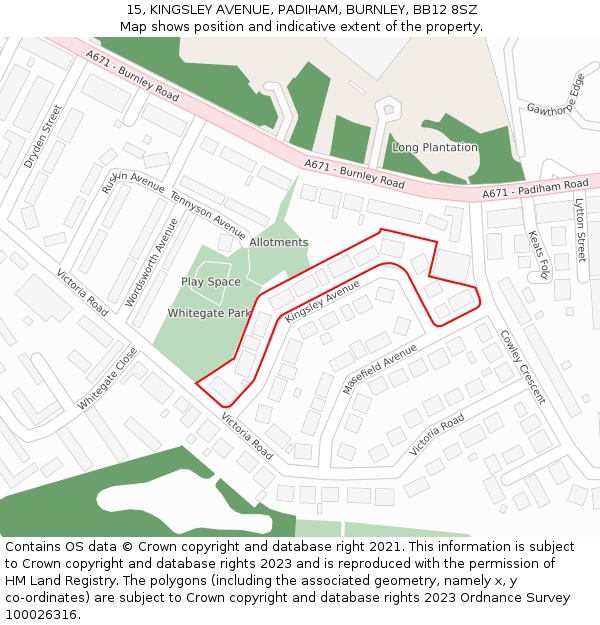 15, KINGSLEY AVENUE, PADIHAM, BURNLEY, BB12 8SZ: Location map and indicative extent of plot