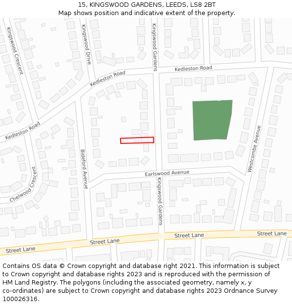 15, KINGSWOOD GARDENS, LEEDS, LS8 2BT: Location map and indicative extent of plot