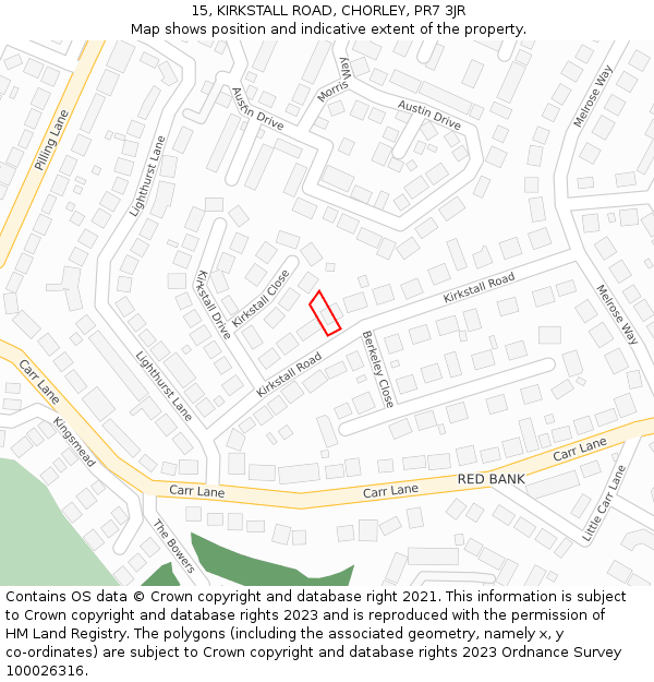 15, KIRKSTALL ROAD, CHORLEY, PR7 3JR: Location map and indicative extent of plot