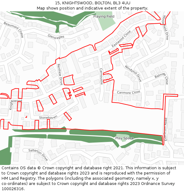 15, KNIGHTSWOOD, BOLTON, BL3 4UU: Location map and indicative extent of plot