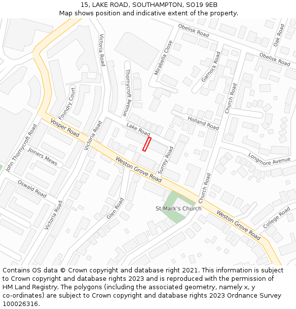 15, LAKE ROAD, SOUTHAMPTON, SO19 9EB: Location map and indicative extent of plot