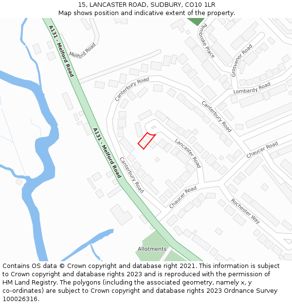 15, LANCASTER ROAD, SUDBURY, CO10 1LR: Location map and indicative extent of plot