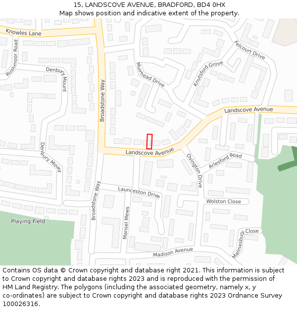 15, LANDSCOVE AVENUE, BRADFORD, BD4 0HX: Location map and indicative extent of plot
