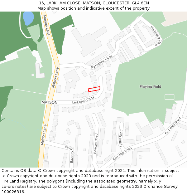 15, LARKHAM CLOSE, MATSON, GLOUCESTER, GL4 6EN: Location map and indicative extent of plot