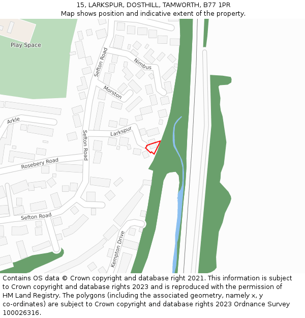 15, LARKSPUR, DOSTHILL, TAMWORTH, B77 1PR: Location map and indicative extent of plot