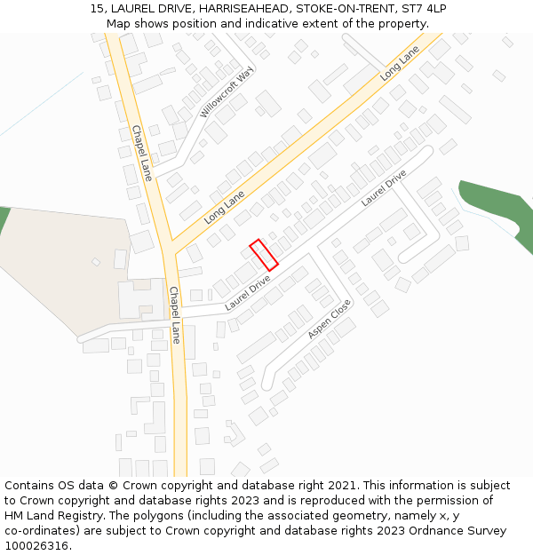 15, LAUREL DRIVE, HARRISEAHEAD, STOKE-ON-TRENT, ST7 4LP: Location map and indicative extent of plot