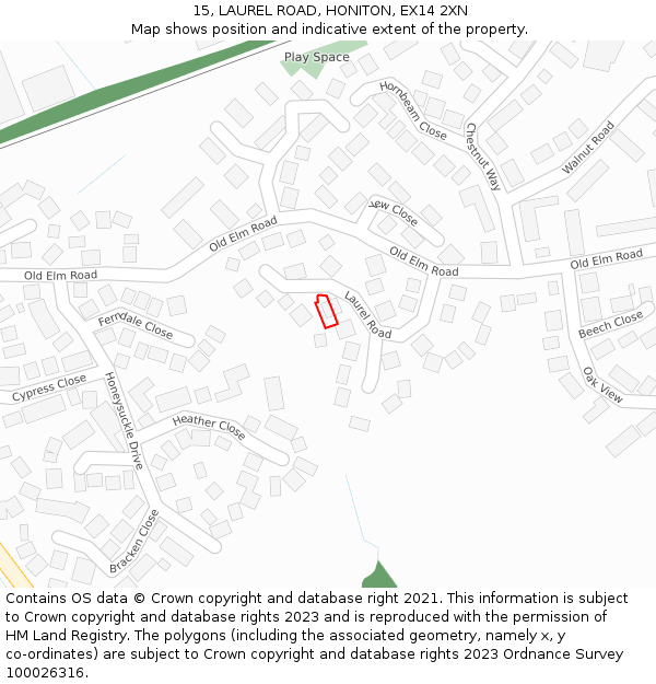 15, LAUREL ROAD, HONITON, EX14 2XN: Location map and indicative extent of plot