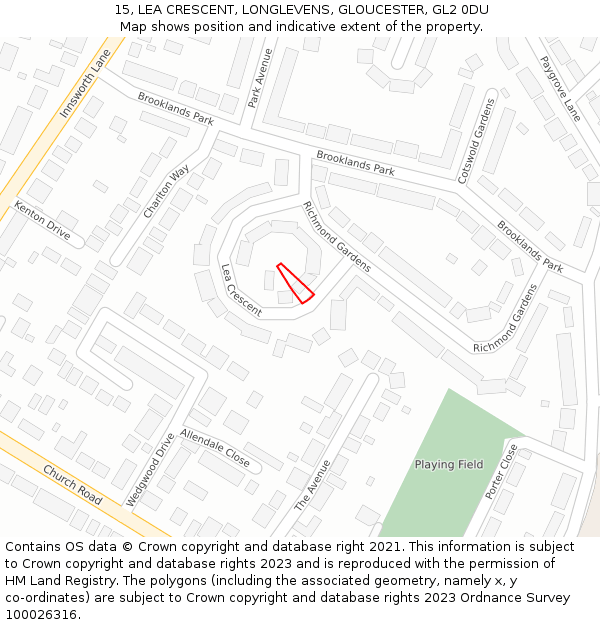 15, LEA CRESCENT, LONGLEVENS, GLOUCESTER, GL2 0DU: Location map and indicative extent of plot