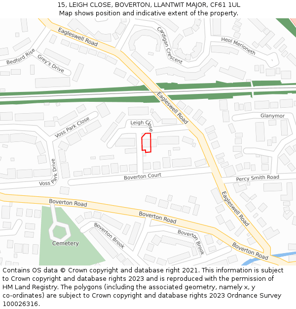 15, LEIGH CLOSE, BOVERTON, LLANTWIT MAJOR, CF61 1UL: Location map and indicative extent of plot