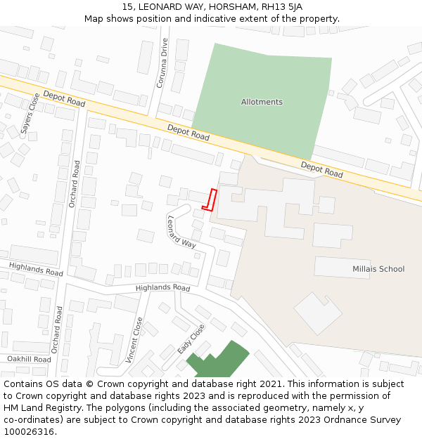 15, LEONARD WAY, HORSHAM, RH13 5JA: Location map and indicative extent of plot
