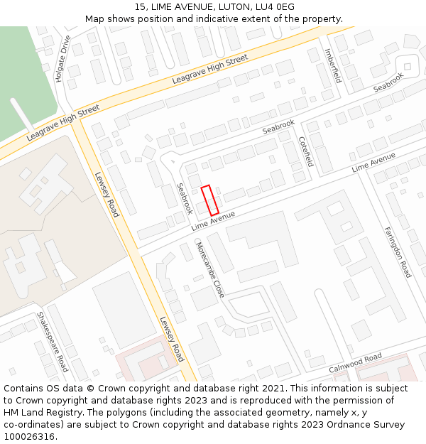 15, LIME AVENUE, LUTON, LU4 0EG: Location map and indicative extent of plot
