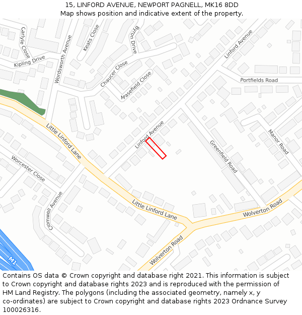 15, LINFORD AVENUE, NEWPORT PAGNELL, MK16 8DD: Location map and indicative extent of plot