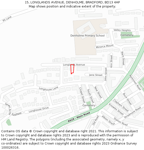 15, LONGLANDS AVENUE, DENHOLME, BRADFORD, BD13 4AP: Location map and indicative extent of plot