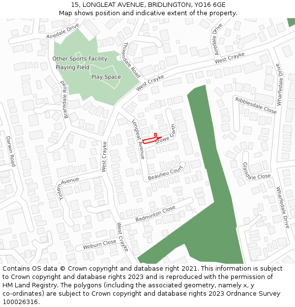 15, LONGLEAT AVENUE, BRIDLINGTON, YO16 6GE: Location map and indicative extent of plot