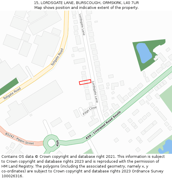 15, LORDSGATE LANE, BURSCOUGH, ORMSKIRK, L40 7UR: Location map and indicative extent of plot
