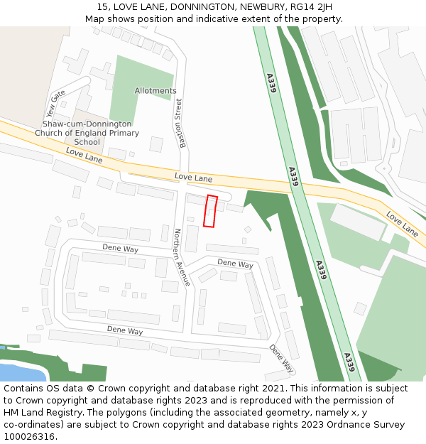 15, LOVE LANE, DONNINGTON, NEWBURY, RG14 2JH: Location map and indicative extent of plot
