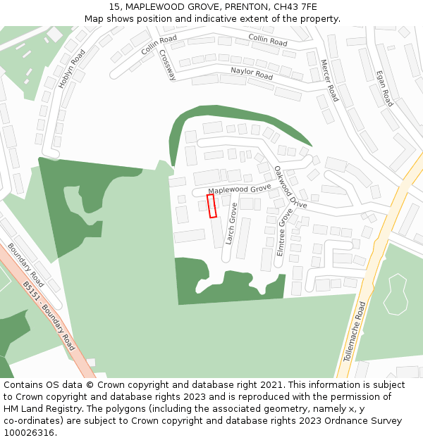 15, MAPLEWOOD GROVE, PRENTON, CH43 7FE: Location map and indicative extent of plot