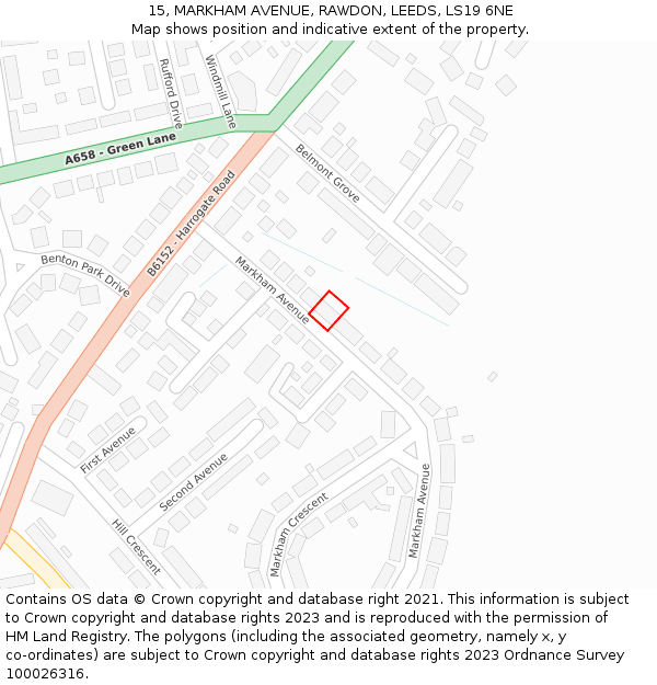 15, MARKHAM AVENUE, RAWDON, LEEDS, LS19 6NE: Location map and indicative extent of plot