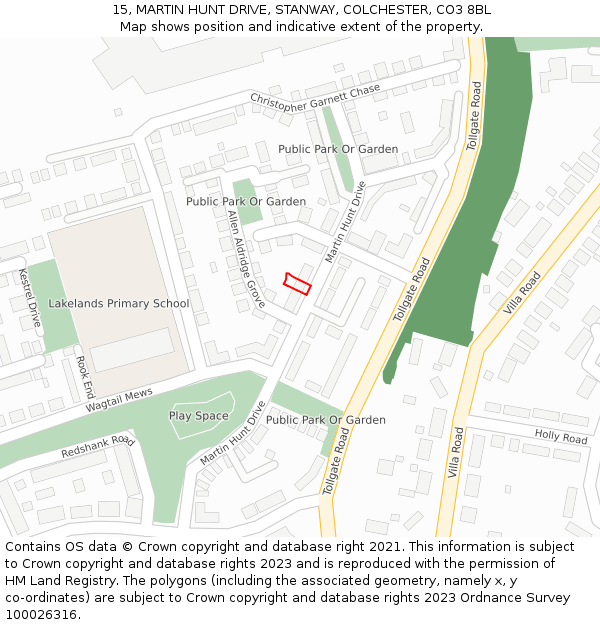 15, MARTIN HUNT DRIVE, STANWAY, COLCHESTER, CO3 8BL: Location map and indicative extent of plot