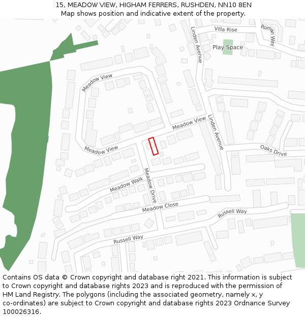 15, MEADOW VIEW, HIGHAM FERRERS, RUSHDEN, NN10 8EN: Location map and indicative extent of plot