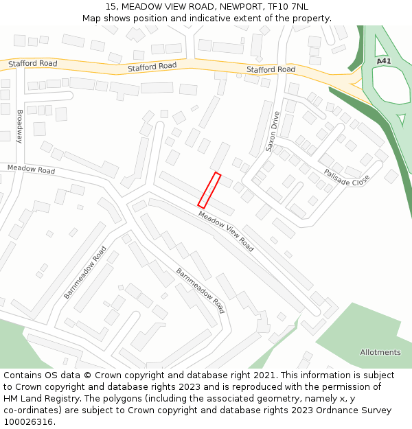 15, MEADOW VIEW ROAD, NEWPORT, TF10 7NL: Location map and indicative extent of plot