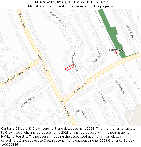 15, MEADOWSIDE ROAD, SUTTON COLDFIELD, B74 4SL: Location map and indicative extent of plot