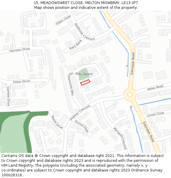 15, MEADOWSWEET CLOSE, MELTON MOWBRAY, LE13 0FT: Location map and indicative extent of plot