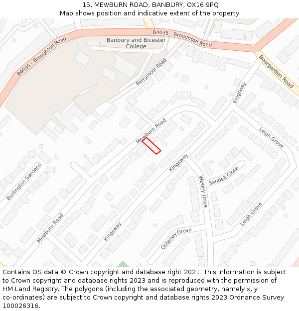 15, MEWBURN ROAD, BANBURY, OX16 9PQ: Location map and indicative extent of plot