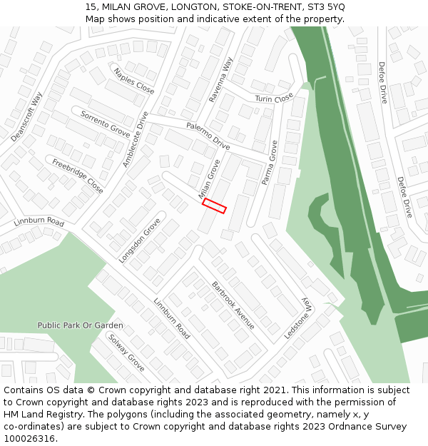 15, MILAN GROVE, LONGTON, STOKE-ON-TRENT, ST3 5YQ: Location map and indicative extent of plot