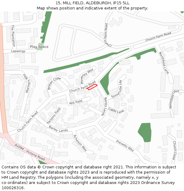 15, MILL FIELD, ALDEBURGH, IP15 5LL: Location map and indicative extent of plot