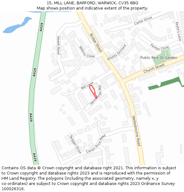 15, MILL LANE, BARFORD, WARWICK, CV35 8BG: Location map and indicative extent of plot