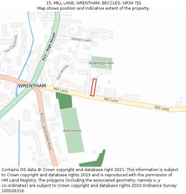 15, MILL LANE, WRENTHAM, BECCLES, NR34 7JQ: Location map and indicative extent of plot