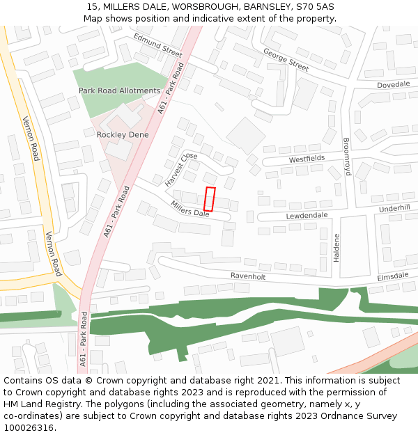 15, MILLERS DALE, WORSBROUGH, BARNSLEY, S70 5AS: Location map and indicative extent of plot