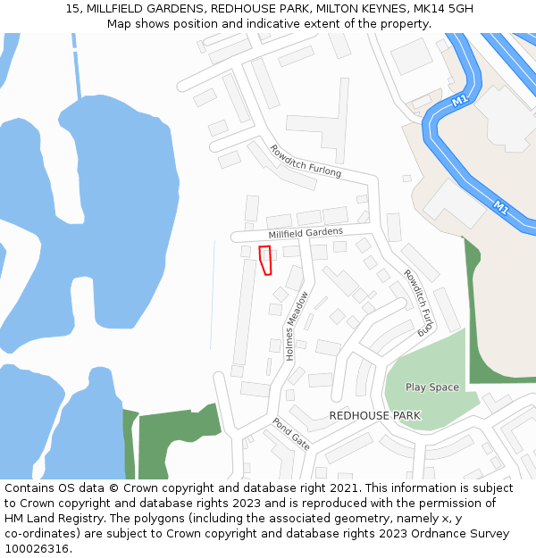 15, MILLFIELD GARDENS, REDHOUSE PARK, MILTON KEYNES, MK14 5GH: Location map and indicative extent of plot