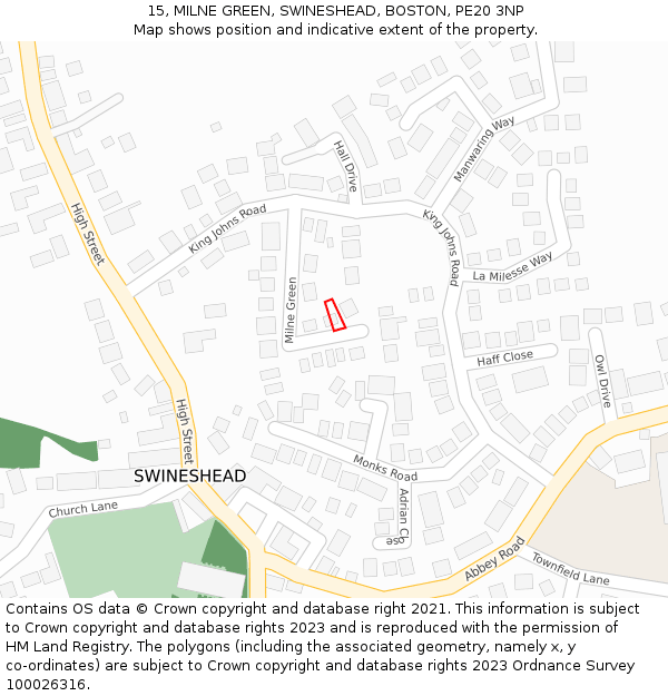 15, MILNE GREEN, SWINESHEAD, BOSTON, PE20 3NP: Location map and indicative extent of plot