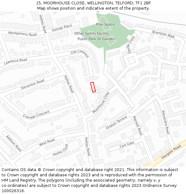 15, MOORHOUSE CLOSE, WELLINGTON, TELFORD, TF1 2BF: Location map and indicative extent of plot