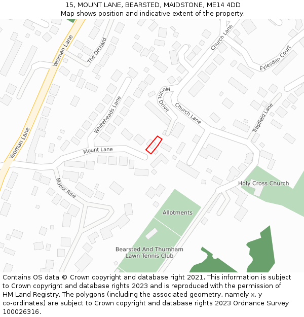 15, MOUNT LANE, BEARSTED, MAIDSTONE, ME14 4DD: Location map and indicative extent of plot