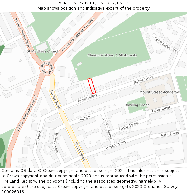 15, MOUNT STREET, LINCOLN, LN1 3JF: Location map and indicative extent of plot